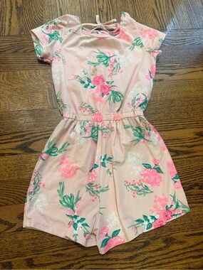 btween Pink Floral Short Sleeve Romper with Green Accents